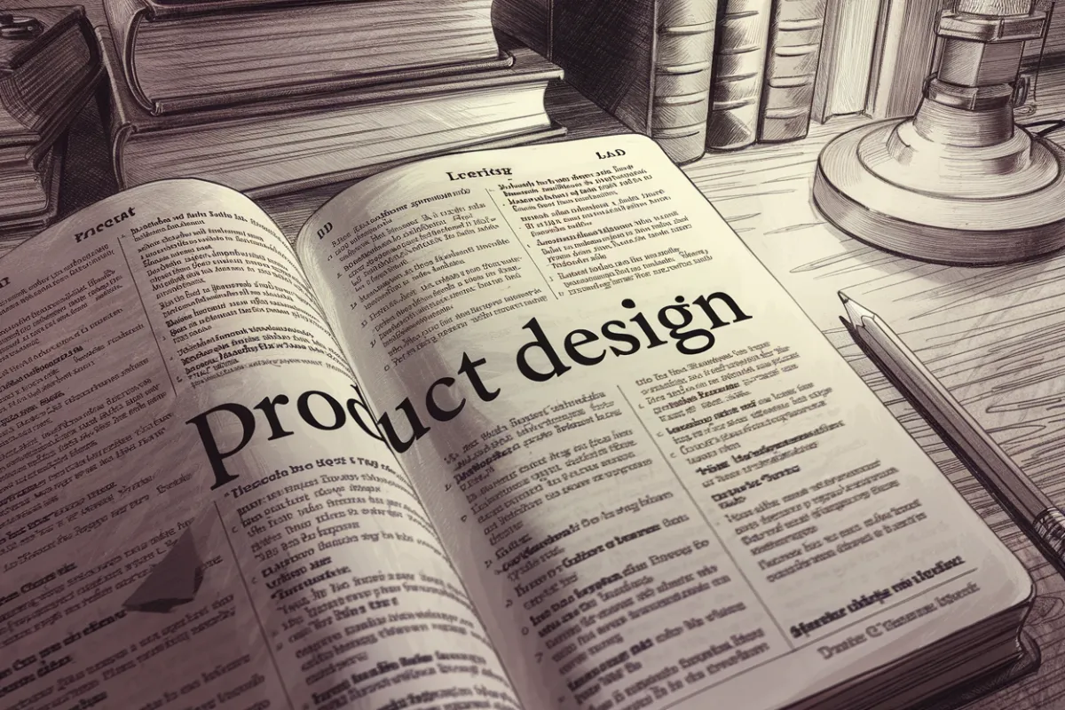 A pencil-drawn illustration of an open book titled 'Product Design'